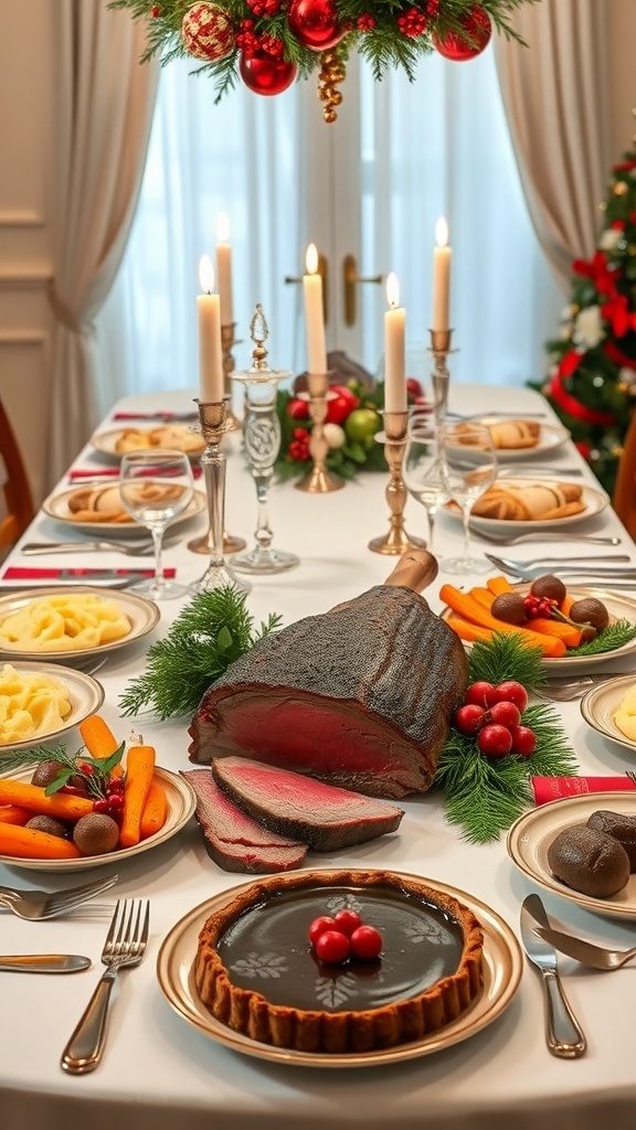 An elegant Christmas dinner table with prime rib, mashed potatoes, roasted vegetables, and chocolate tart.